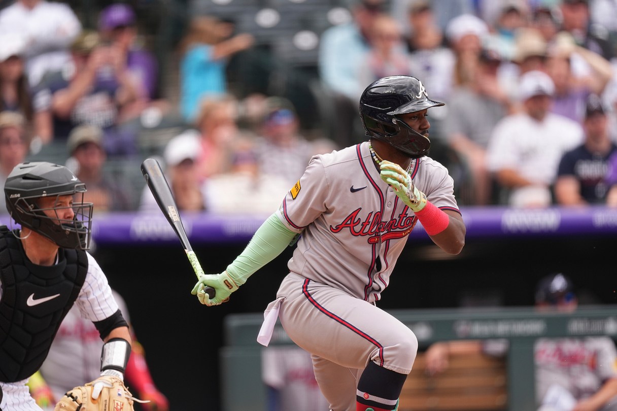 AP photo by David Zalubowski / Michael Harris II bats for the Atlanta Braves in the eighth inning of Wednesday's game against the Colorado Rockies in Denver.