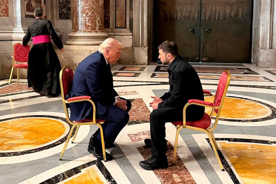 In this photo provided by the Ukrainian Presidential Press Office, Ukraine's President Volodymyr Zelenskyy, right, and President Donald Trump, talk as they attend the funeral of Pope Francis in Vatican, Saturday, April 26, 2025.(Ukrainian Presidential Press Office via AP)