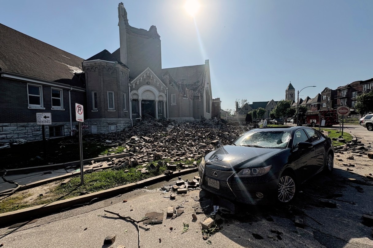 Part of Centennial Christian Church in St. Louis, Missouri, collapsed on Friday, May 16, 2025 when severe storms, including a possible tornado, swept through the city. (AP Photo/Michael Phillis)