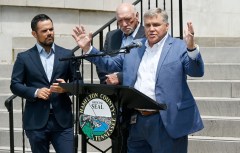 Staff photo by Abby White / Hamilton County Assessor Marty Haynes speaks in front of the Hamilton County Courthouse on June 3, 2025, to announce the new property tax rate following reappraisal.