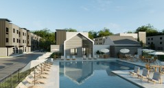 Contributed Image / A February 2024 rendering shows a pool and poolhouse that will be available to residents of Townhomes at the Gateway, which at the time was planned to be a 144-unit development. As of April 2025, two of the 12 townhomes in the development were occupied. The developer has requested 10 acres of the 110 acre Gateway development be rezoned to zero lot line residential, which would allow for 300 more townhomes or a proposed development of 68 single-family homes.