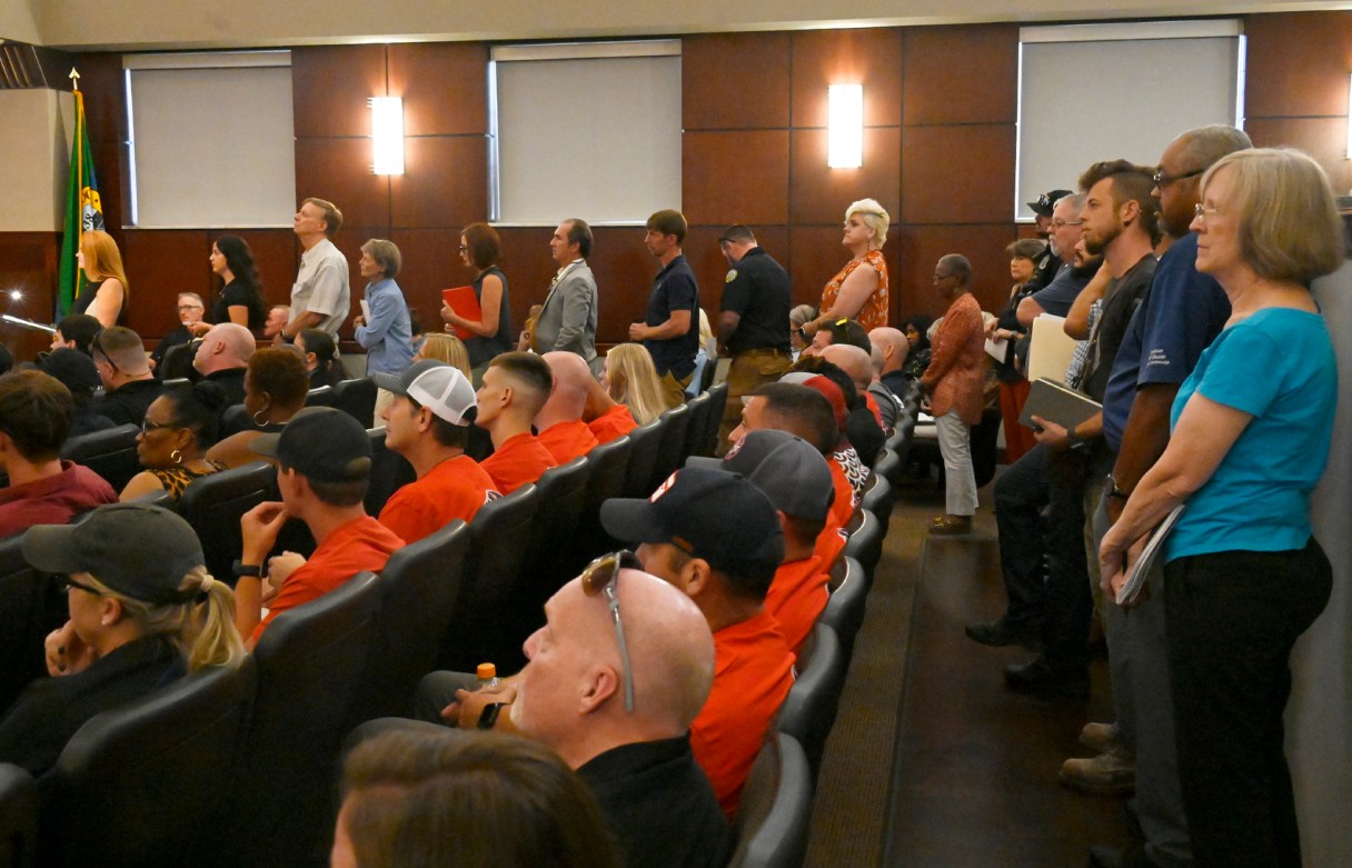 Staff photo by Abby White / Members of the public line up to speak in the Chattanooga City Council building. The Chattanooga City Council hosted a public hearing regarding two competing tax plans proposed by Mayor Tim Kelly and Councilman Chip Henderson on Tuesday, August 26, 2025.