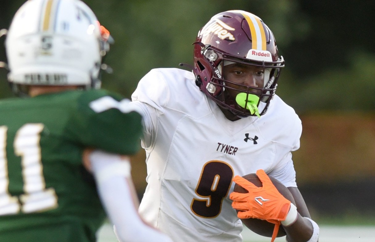 Staff photo by Matt Hamilton / Tyner sophomore Dion Edwards (9) has 261 receiving yards on 13 catches through a 2-0 start for TSSAA Class 3A's fifth-ranked Rams, and he also helps them on defense in the secondary.