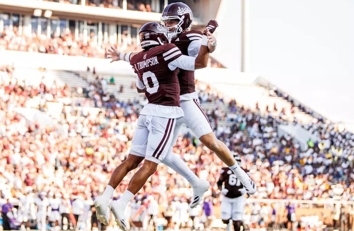 Mississippi State Athletics photo by Mike Mattina / Mississippi State receiver Brenen Thompson celebrates a touchdown with quarterback Blake Shapen earlier this month against Alcorn State. The Bulldogs are hosting Tennessee this Saturday for the first time since 2012.