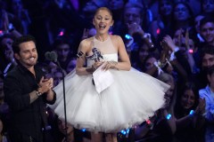 Christian Breslauer, left, and Ariana Grande accept the award for video of the year for "Brighter Days Ahead" during the MTV Video Music Awards on Sunday, Sept. 7, 2025, at UBS Arena in Elmont, N.Y. (Photo by Charles Sykes/Invision/AP)