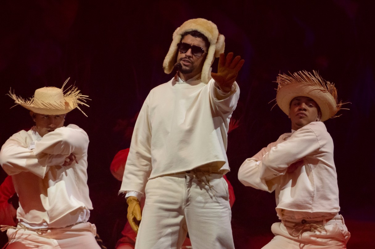 Bad Bunny performs during the final concert of his summer residency in his homeland at the Coliseo de Puerto Rico Jose Miguel Agrelot, in San Juan, Puerto Rico, Saturday, Sept. 20, 2025. (AP Photo/Alejandro Granadillo)