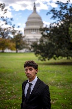 George Retes, an American citizen and Army veteran who says he was brutally mistreated by federal agents when he was detained in a California immigration raid in July, at the U.S. Capitol in Washington, Oct. 22, 2025. The Federal Tort Claims Act, the law the president invoked to try to obtain hundreds of millions of dollars, is ordinarily a legal labyrinth that few can navigate. (Kent Nishimura/The New York Times)
