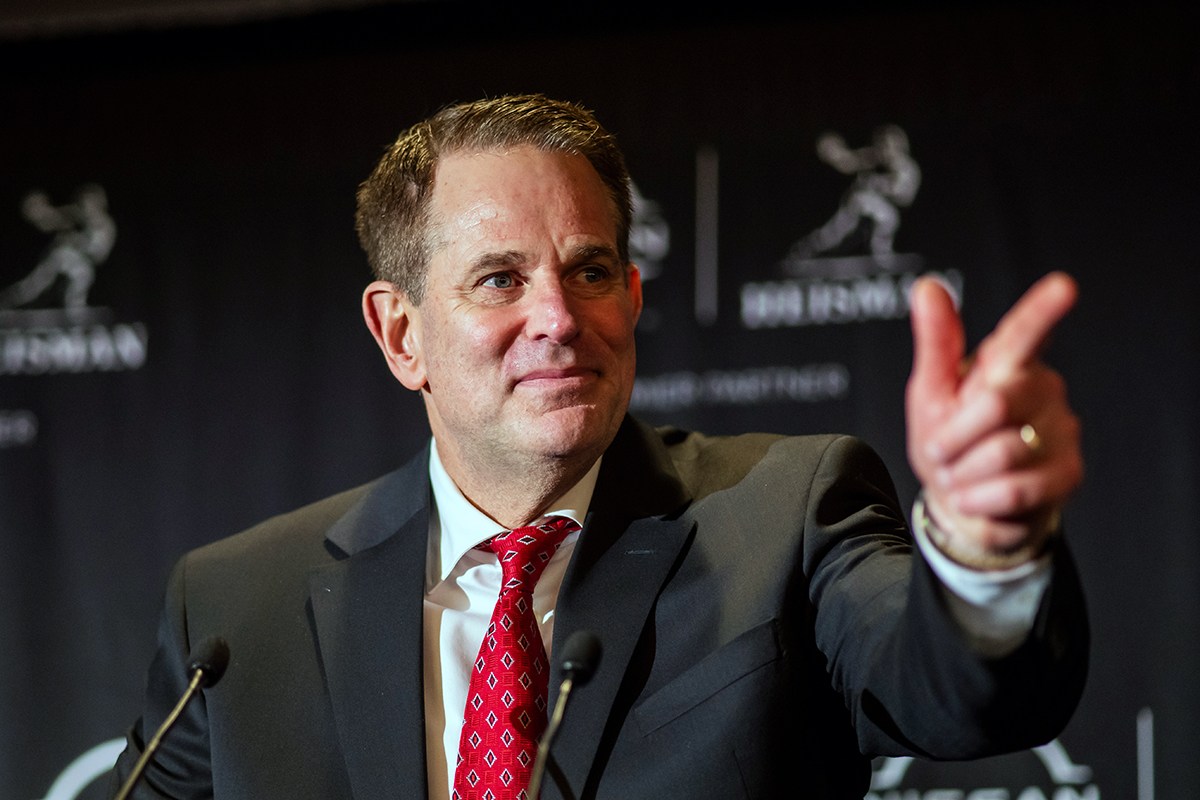 AP photo by Eduardo Munoz Alvarez / Indiana football coach Curt Cignetti speaks during a news conference after quarterback Fernando Mendoza became the Hoosiers' first player to win the Heisman Trophy on Dec. 13 in New York.