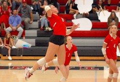 Staff File Photo by Patrick MacCoon / Signal Mountain senior Becca Rogers (8) attacks during a home match against Boyd Buchanan on Sept. 23. Rogers, an Eastern Kentucky signee, was one of 11 area volleyball standouts selected to the Tennessee Sports Writers Association's all-state volleyball team Monday.