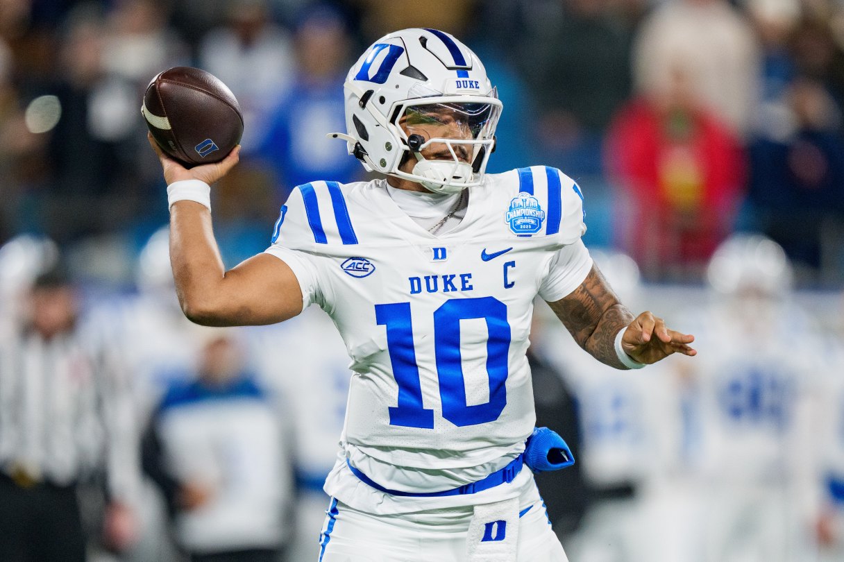 AP file photo by Jacob Kupferman / Duke quarterback Darian Mensah, who was a redshirt sophomore this season after transferring following two years at Tulane, led the Blue Devils to the ACC title and a bowl victory in a nine-win campaign.