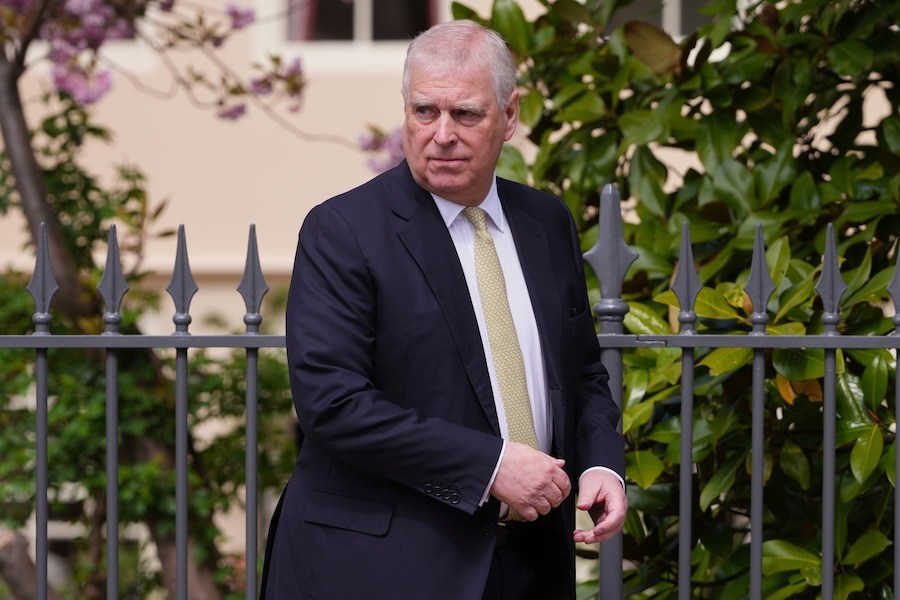 FILE - Britain's Andrew Mountbatten-Windsor, formerly known as Prince Andrew, looks round as he leaves after attending the Easter Matins Service at St. George's Chapel, Windsor Castle, England, April 20, 2025. (AP Photo/Kirsty Wigglesworth, File)
