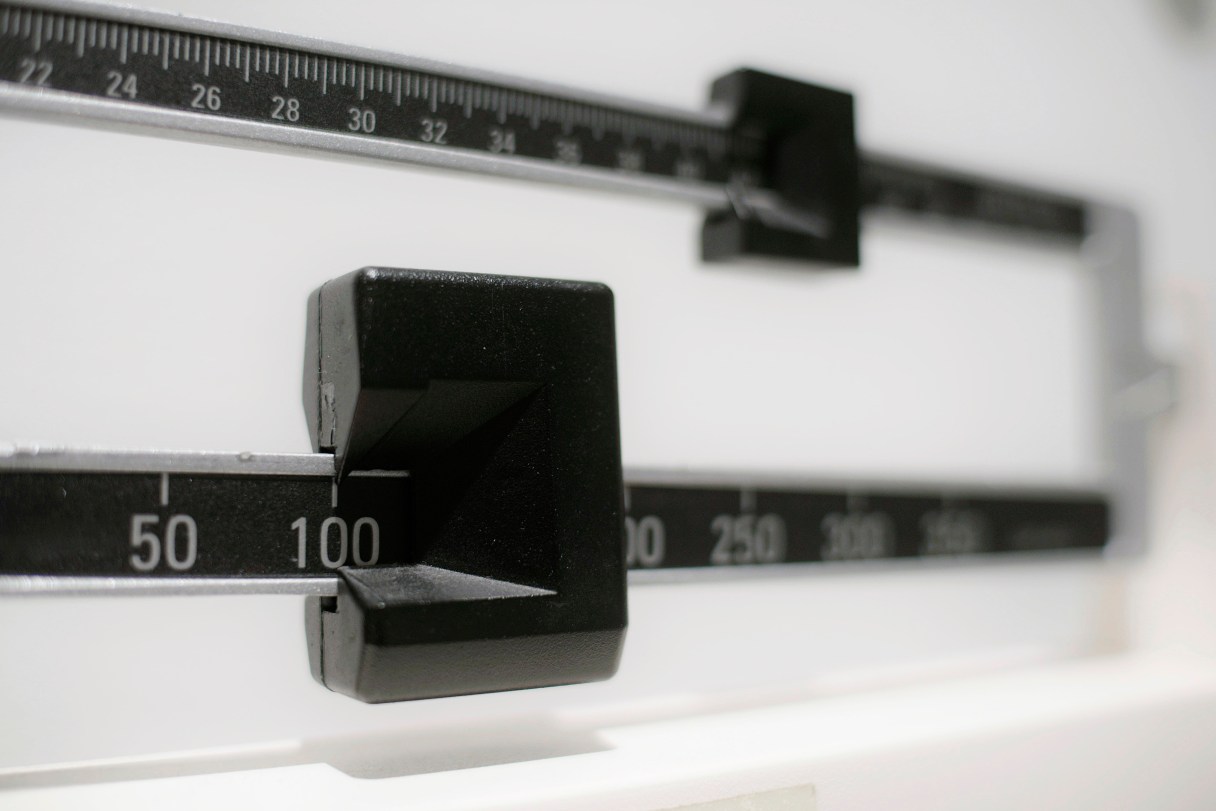 FILE - This April 3, 2018 file photo shows a closeup of a beam scale in New York. (AP Photo/Patrick Sison, File)