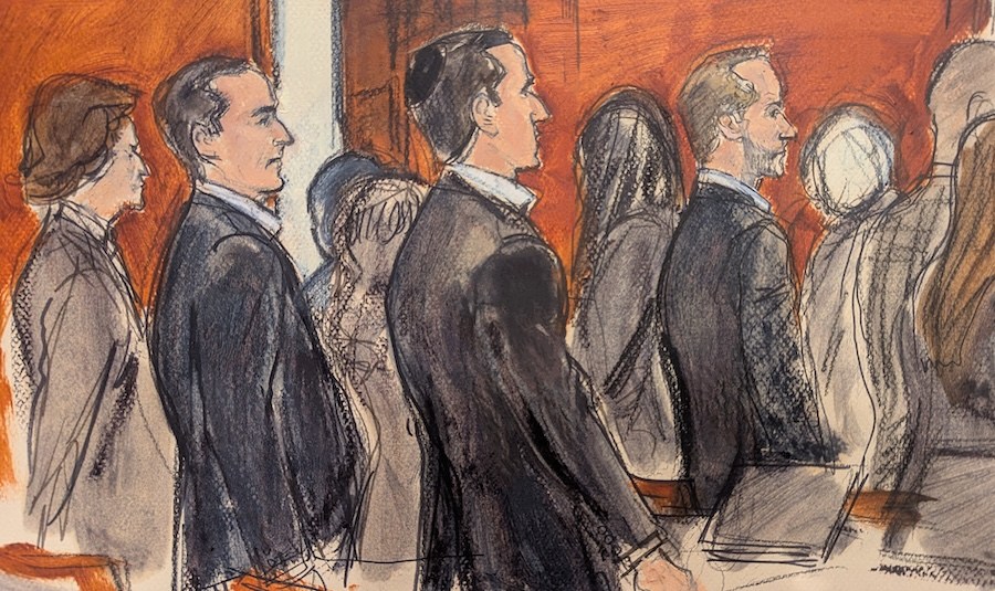 In this courtroom sketch, Alon Alexander, second from left, Oren Alexander, center, and Tal Alexander, watch the jury file out of the courtroom after the verdict was read in Manhattan federal court, Monday, March 9, 2026, in New York. (Elizabeth Williams via AP)