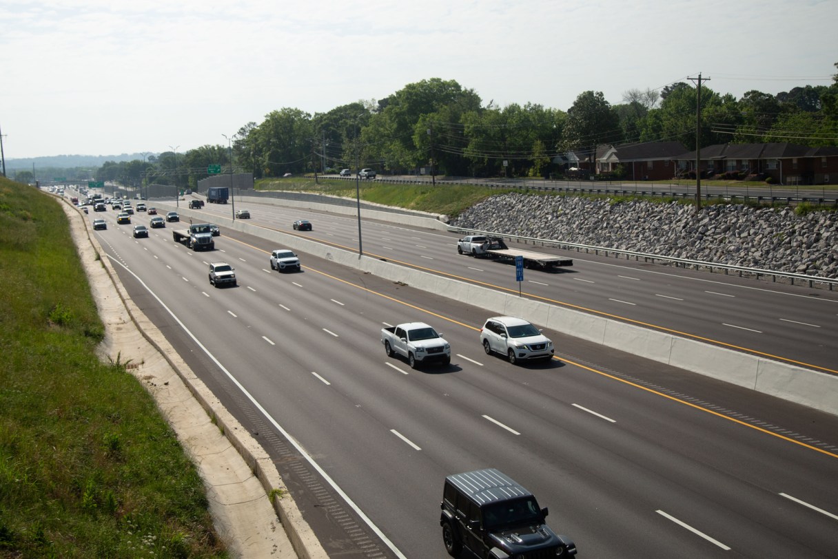Staff file photo by Larry Sullivan II / Traffic flows underneath the Belvoir Avenue bridge over Interstate 24. AAA is forecasting 45 million Americans will hit the road for the 2026 Memorial Day holiday weekend as the average price of a gallon of gas hit a four-year high May 22, 2026, in Tennessee.