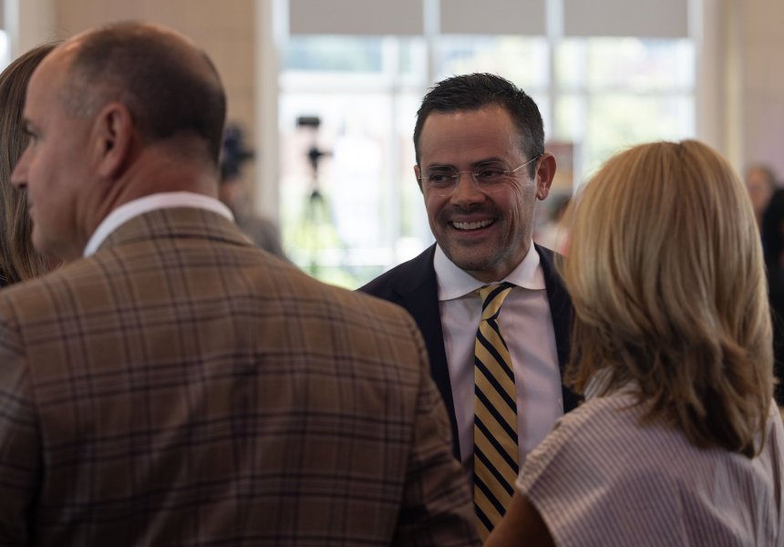Staff photo by Larry Sullivan II / Hamilton County Mayor Weston Wamp laughs after his State of the County address. Wamp's office floated a new zoning category that would allow tourism development in rural Hamilton County.