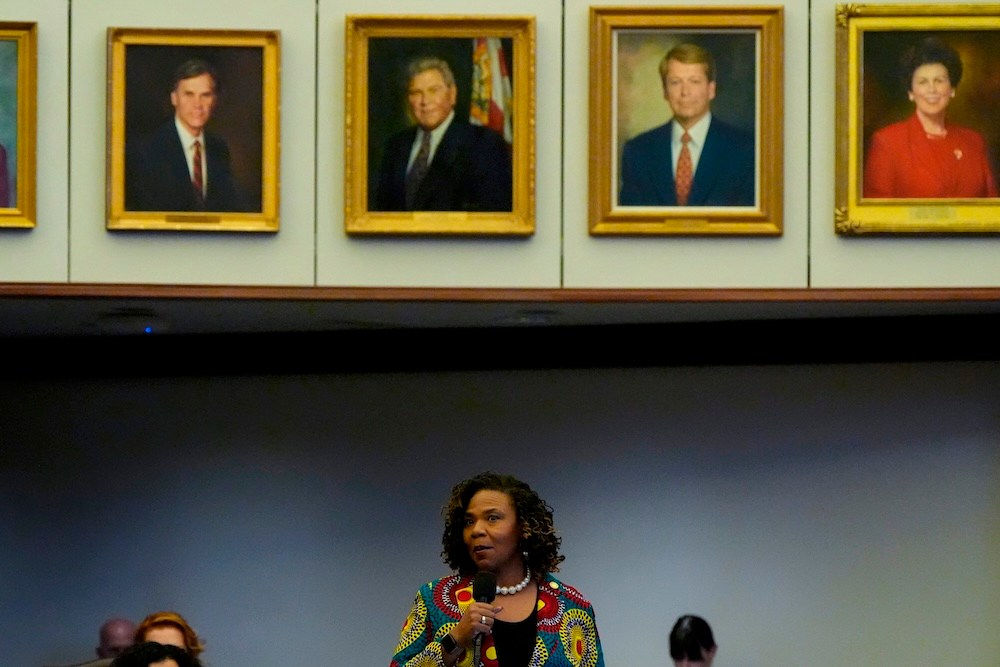 Sen. Bracy Davis speaks during debate on SB 8-D, a redistricting bill, during a special session of the Florida Legislature, Wednesday, April 29, 2026, in Tallahassee, Fla. (AP Photo/Mike Stewart)