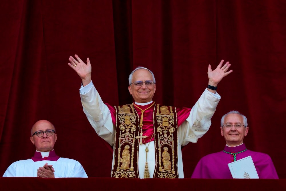 FILE - Newly elected Pope Leo XIV appears at the balcony of St. Peter's Basilica at the Vatican, Thursday, May 8, 2025. (AP Photo/Alessandra Tarantino, File)