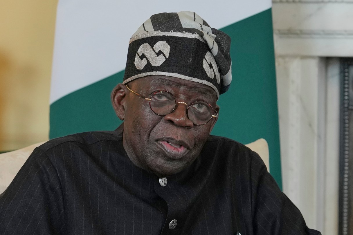 FILE - Nigerian President Bola Tinubu speaks to the media ahead of his meeting with Britain's Prime Minister Keir Starmer inside 10 Downing Street in London, Thursday, March 19, 2026. (AP Photo/Kin Cheung, Pool, File)