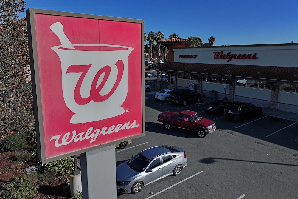 In an aerial view, a sign is posted outside of a Walgreens store on Jan. 4, 2024, in San Pablo, California. (Justin Sullivan/Getty Images/TNS)