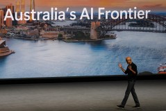 Chairman and CEO of Microsoft Satya Nadella speaks on stage during the Microsoft AI Tour at TikTok Entertainment Centre on April 23, 2026, in Sydney, Australia. (George Chan/Getty Images/TNS)