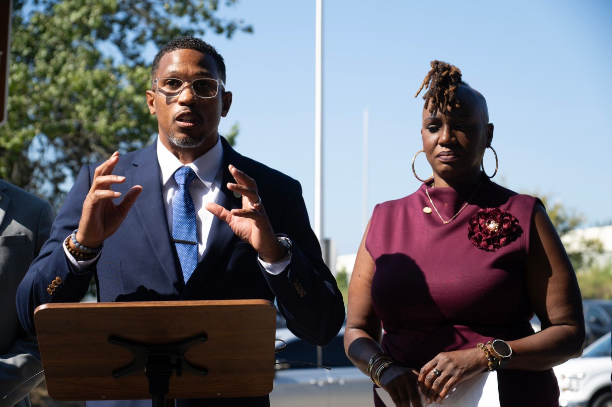 Staff File Photo by Seth Carpenter / Hamilton County Commissioner Montrell Besley speaks Sept. 1, 2026, beside Commissioner Katherlyn Geter during a press conference about the Hamilton County school board District 11 vacancy. The commission is expected to vote on the vacancy Oct. 7, 2026.