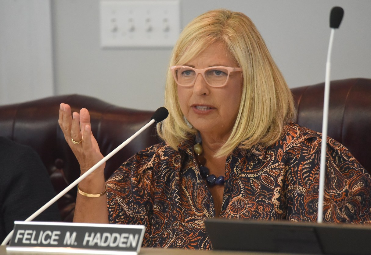 Staff Photo By Matt Hamilton / Hamilton County Board of Education member Felice Hadden, R-Ooltewah, who made a motion to post documents that included the Ten Commandments in schools, speaks during a meeting Sept. 17, 2026.
