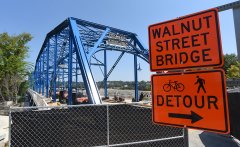 Staff photo by Matt Hamilton / A sign indicates a detour around the Walnut Street Bridge on Wednesday, Sept. 3, 2026.