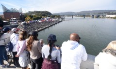 Staff file photo by Matt Hamilton / People stand along the Market Street Bridge to watch rowers compete in the Head of the Hooch regatta on Nov. 1, 2025. Organizers of the rowing regatta have decided to keep the event in Chattanooga amid planned redevelopment of the city's downtown riverfront.