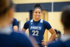 Staff Photo by Seth Carpenter / UTC sophomore forward TaTianna Stovall smiles during practice Wednesday. Stovall, who is from nearby Cleveland and played her final two high school seasons at Bradley Central, transferred to UTC after spending her freshman season of college basketball in the Atlanta area at Kennesaw State.