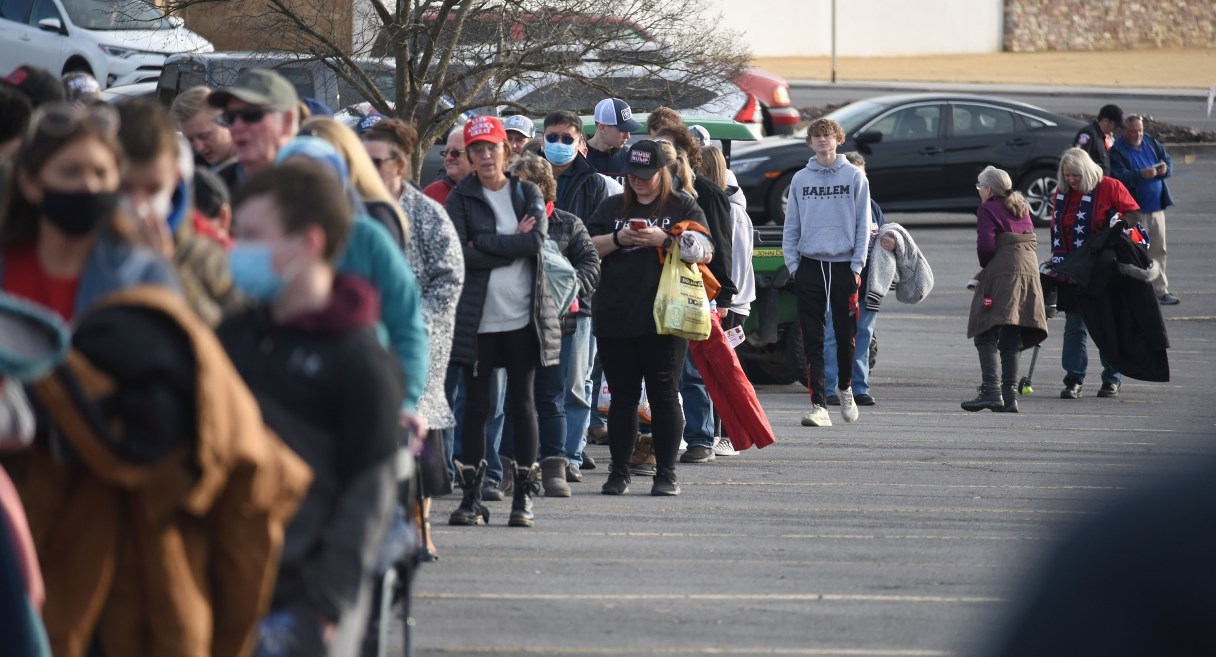 Staff Photo by Matt Hamilton / Supporters of President Donald Trump line up for shuttles at the Dalton Mall in Dalton in 2021. The president will return Oct. 16, 2026, for a political rally at the Dalton Municipal Airport.