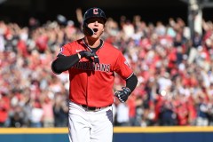 Petey Halpin celebrates after hitting a two-run homer for the Cleveland Guardians during the bottom of the fifth inning in Game 3 of the AL Championship Series against the Tampa Bay Rays on Thursday at Progressive Field. (AP Photo/Phil Long)