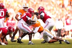 Tennessee Athletics photo by Andrew Ferguson / Tennessee safety Dejuan Lane stuffs Alabama running back Trae'shawn Brown during Saturday's 26-10 victory by the Volunteers in Neyland Stadium.