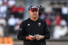 Texas Tech head coach Joey McGuire walks down the sideline during the second half of an NCAA college football game against Arizona State, Saturday, Oct. 17, 2026, in Lubbock, Texas. (AP Photo/Annie Rice)